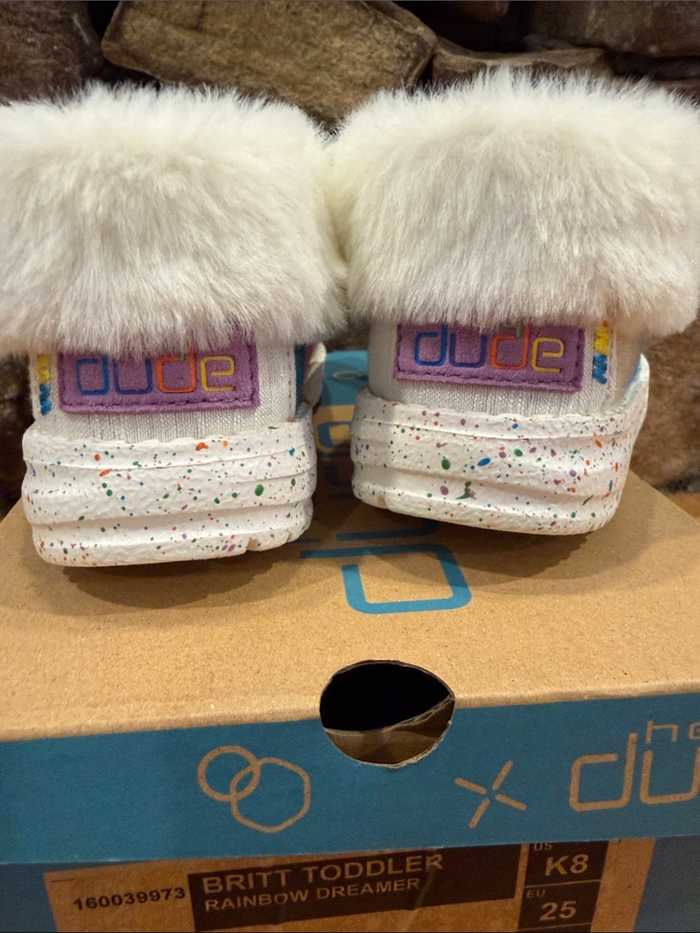 New Hey Dude Toddler Rainbow Dreamer Blue Faux Fur Cuff Shoe Size K8 - Picture 6 of 7